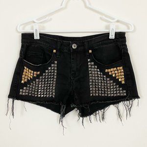 Vintage Distressed Black Denim Shorts w/ Studs